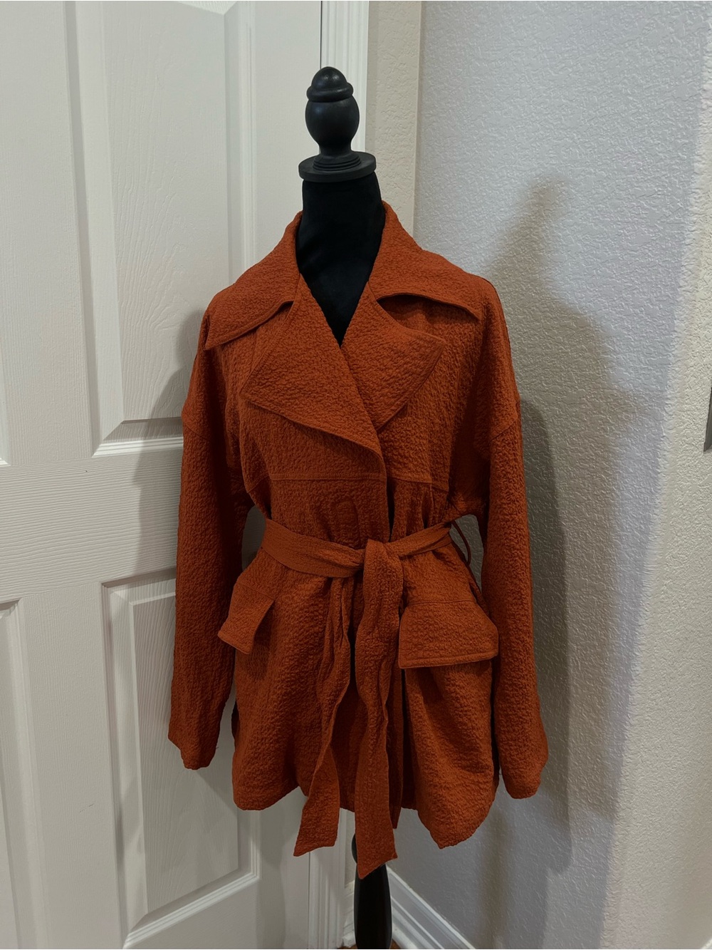 Umgee Oversized Rust Orange Belted Jacket Textured Lightweight Coat Size S